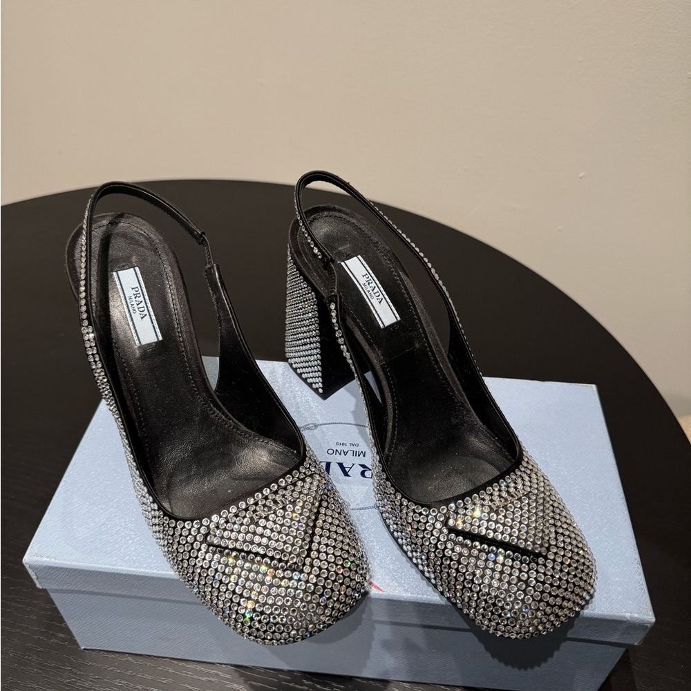 Prada Women's Black and Silver Slingback Heels